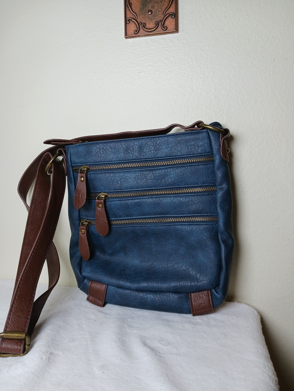 Bueno Blue Crossbody Bag with Brown Trim